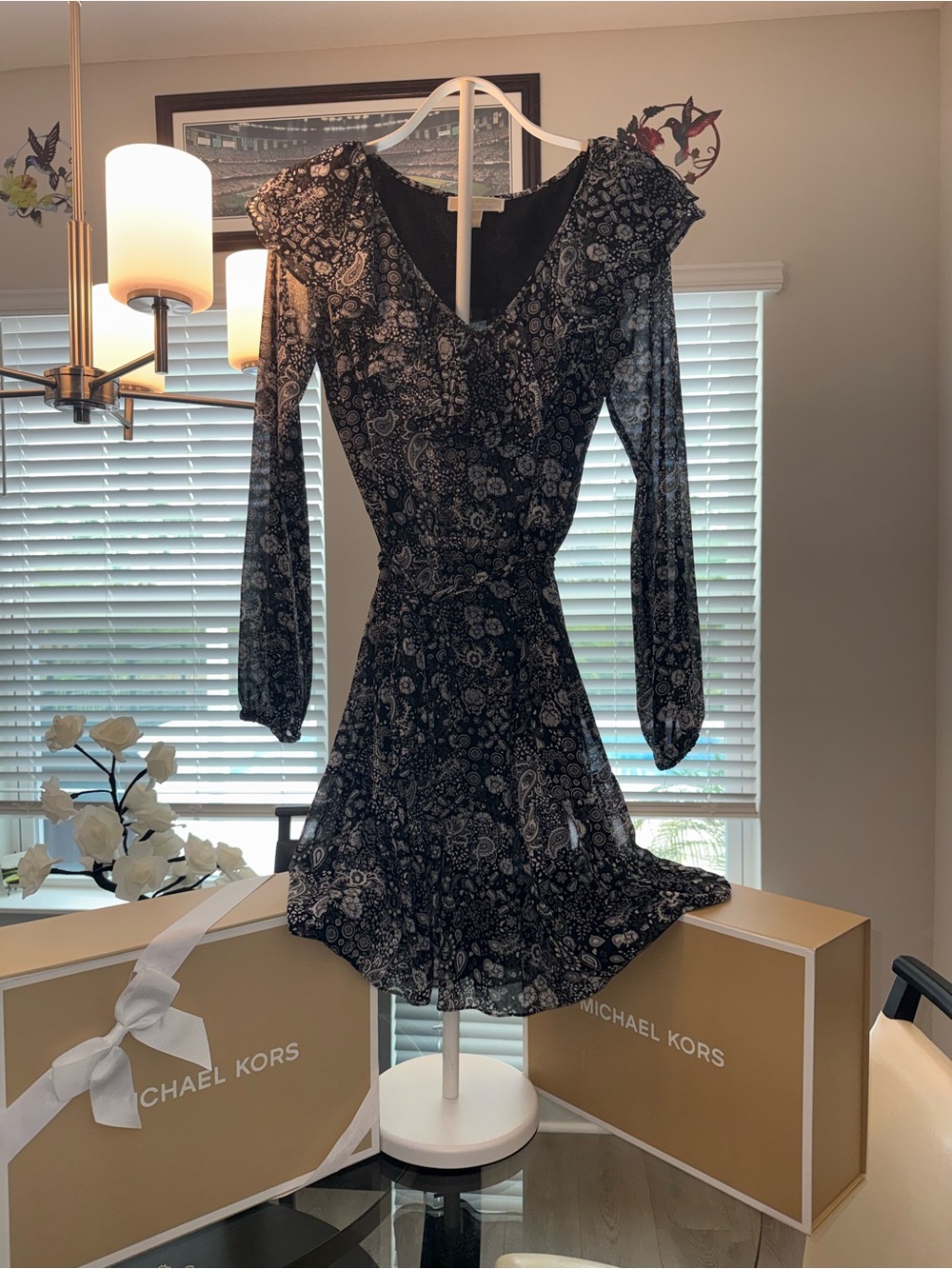 Michael Kors Black Paisley Long-Sleeve Wrap Dress
